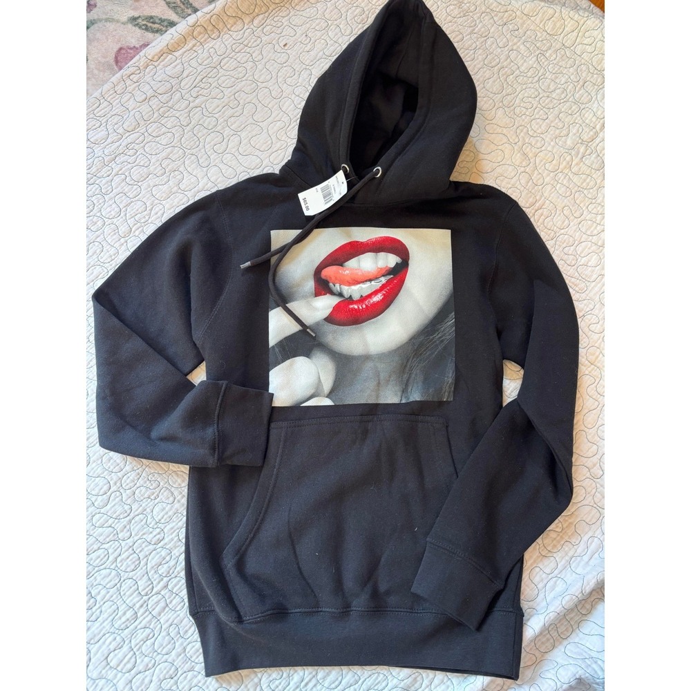 Popular Demand Womens Black Graphic Hoodie Red Lips Grill Print XS